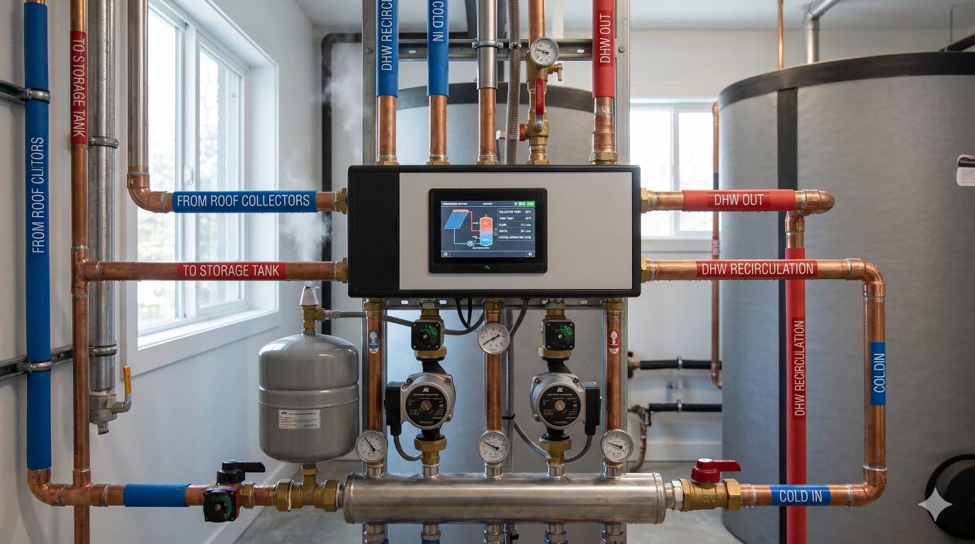 Pressurized solar hot water control station showing pipework layout, circulation pumps, storage connections, and domestic hot water recirculation